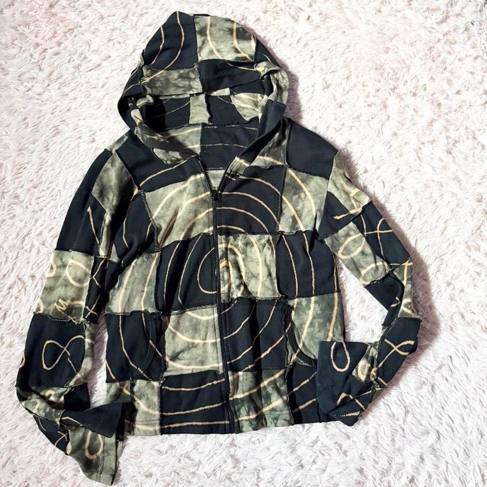 Patchwork Boho Hippie Indie Bleached Stoner Rave Festival Zip Up Hoodie Womens M
